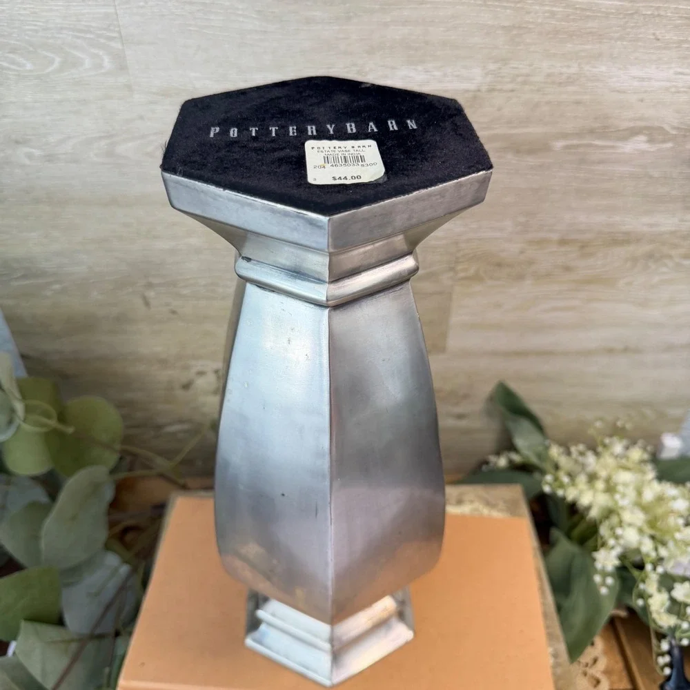 Pottery Barn Estate Vase Tall Hexagonal Silver Cast Aluminum Matte Finish Decor